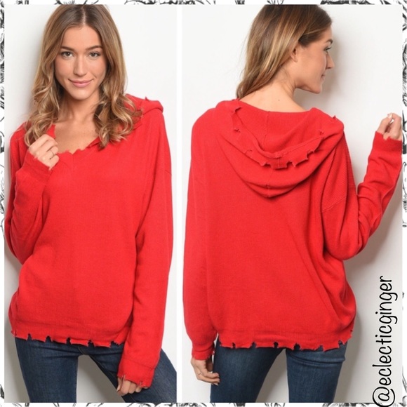 Red distressed & frayed edge hooded long sleeve sweater Medium M Large L hoodie - Picture 6 of 7